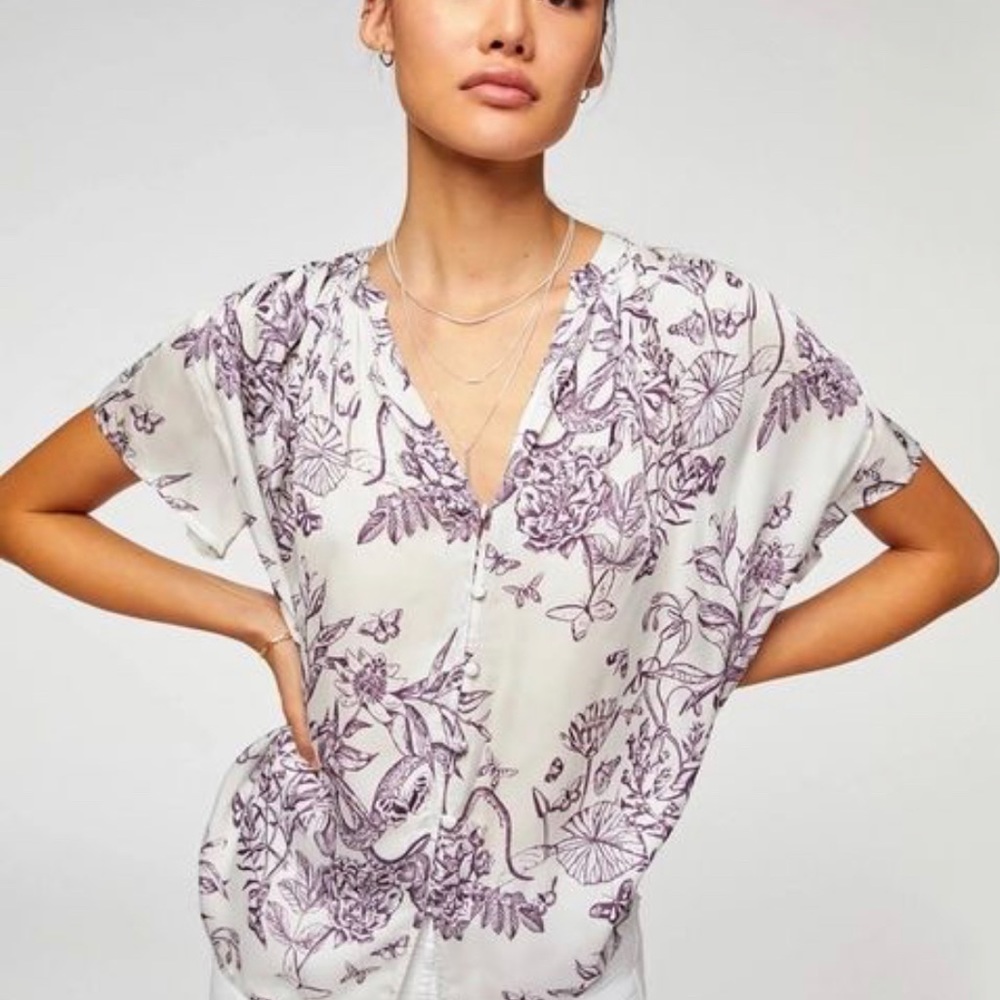 7 For All Mankind White Blouse with Purple Floral Print